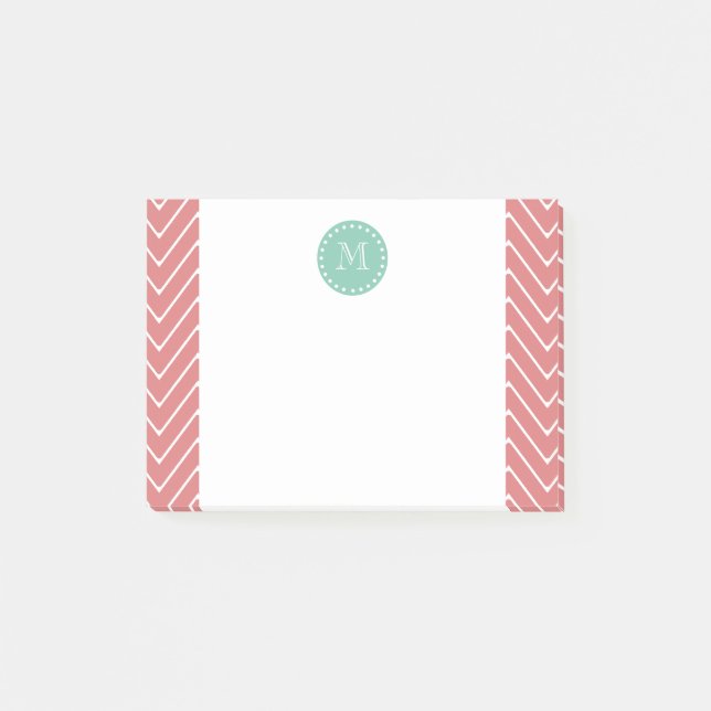 Peach Chevron Pattern | Mint Green Monogram Post-it Notes (Front)