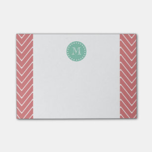 Peach Chevron Pattern Mint Green Monogram Post-it Notes