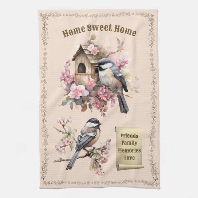Peach Chickadee Home Sweet Home  Tea Towel (Vertical)