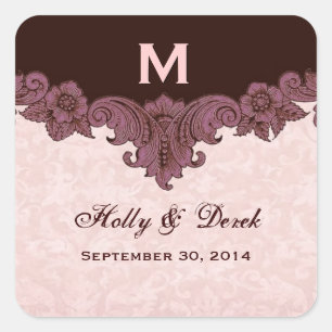Peach Chocolate Vintage Wedding Names Date S434 Square Sticker