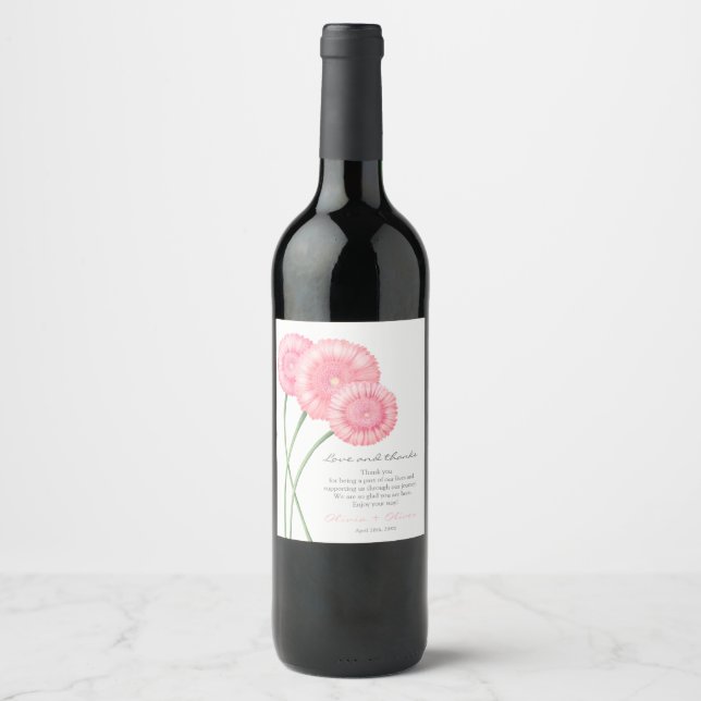 Peach Chrysanthemum Wedding Thank You Wine Label (Front)