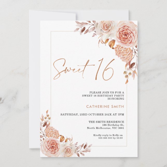 Peach Colored Boho Floral Sweet 16 Birthday Invitation (Front)