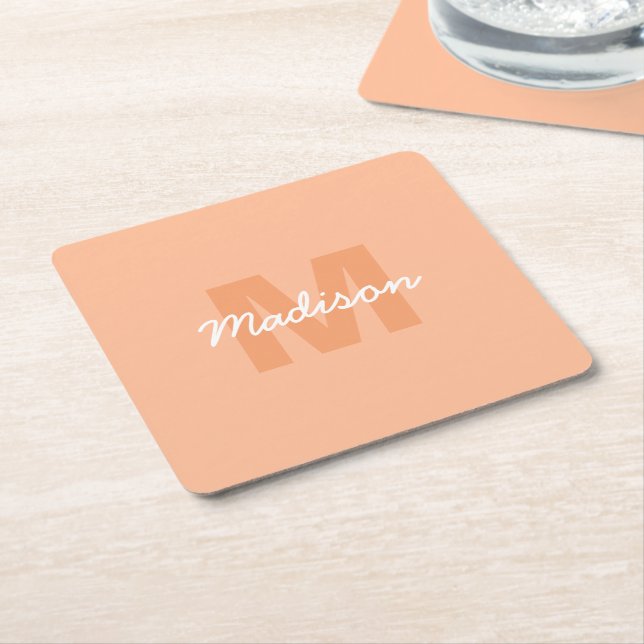 Peach colour of 2024 with custom Monogram name Square Paper Coaster (Angled)