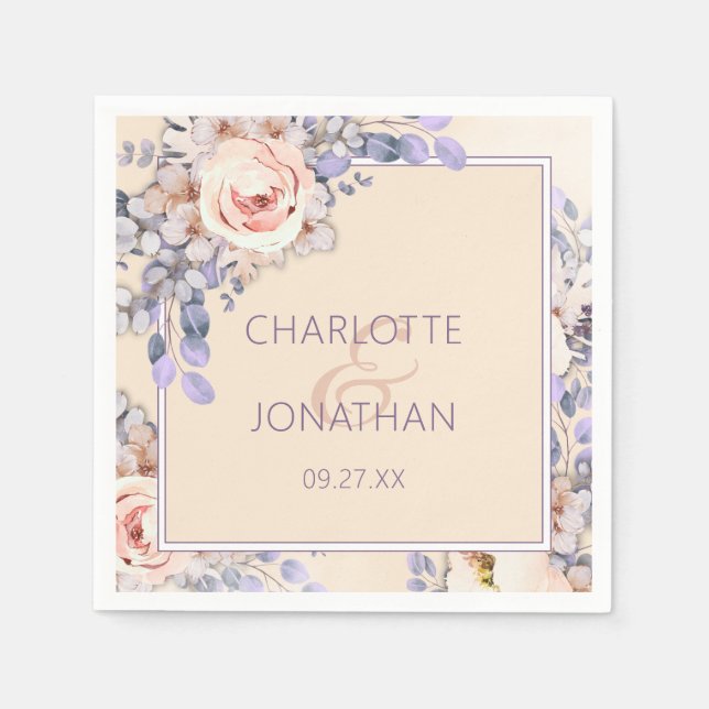 Peach Coloured Floral Wedding Paper Napkins (Front)