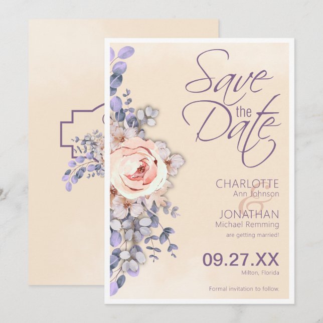 Peach Coloured Floral Wedding Save the Date Card (Front/Back)