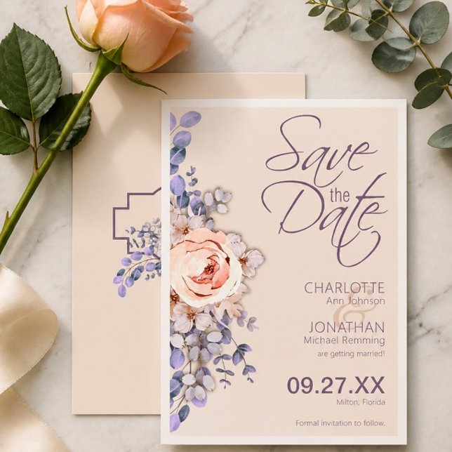 Peach Coloured Floral Wedding Save the Date Card (Creator Uploaded)