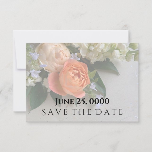 Peach-coloured rose bouquet fade save the date car invitation (Front)