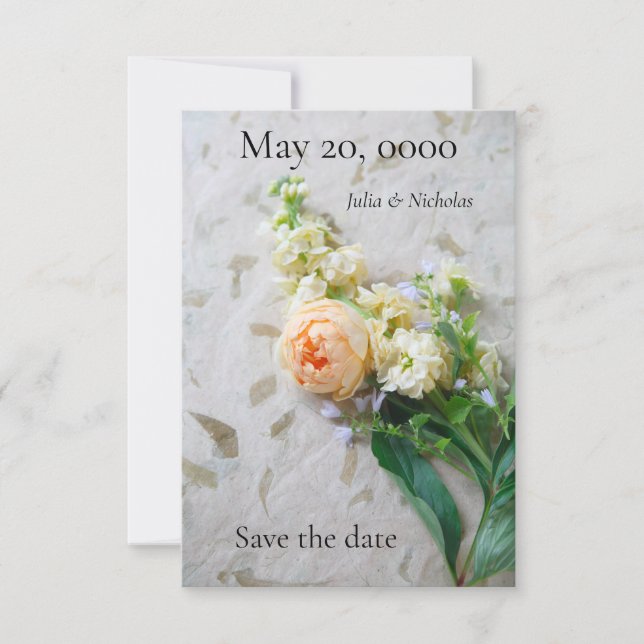 Peach-coloured rose bouquet save the date (Front)