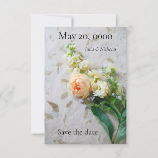 Peach-coloured rose bouquet save the date