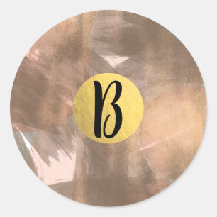 Peach & Copper Bronze Chic Modern Monogram Gold Classic Round Sticker