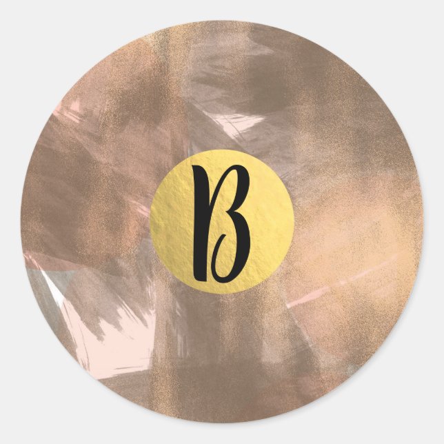 Peach & Copper Bronze Chic Modern Monogram Gold Classic Round Sticker (Front)