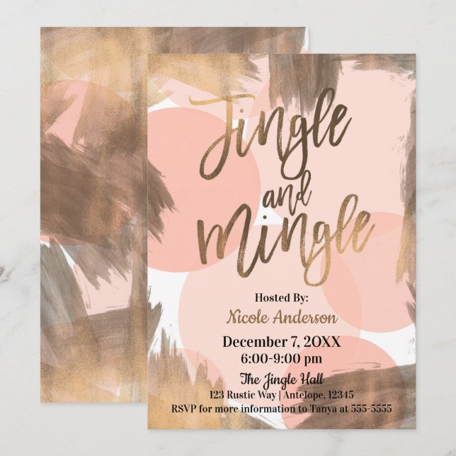 Peach Copper Bronze Modern Jingle & Mingle Party Invitation (Front/Back)