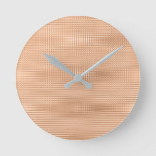 Peach Copper Coral Gray Minimal Metallic Stripes Round Clock