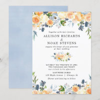 Peach coral and blue floral watercolor wedding