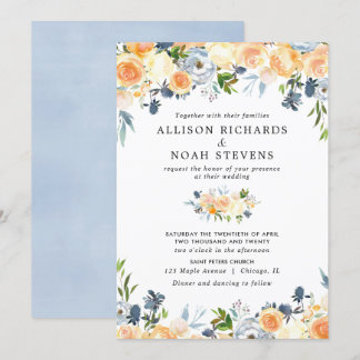 Peach coral and blue floral watercolor wedding invitation