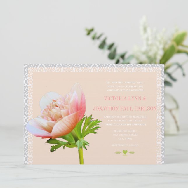 Peach Coral and Lace Peony Floral Wedding Invitation (Standing Front)