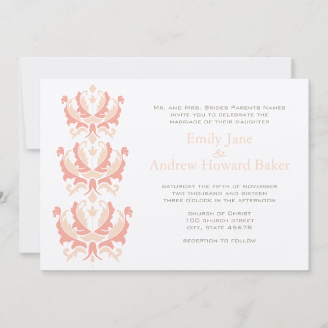 Peach Coral and Mushroom Damask Wedding Invitation (Front)