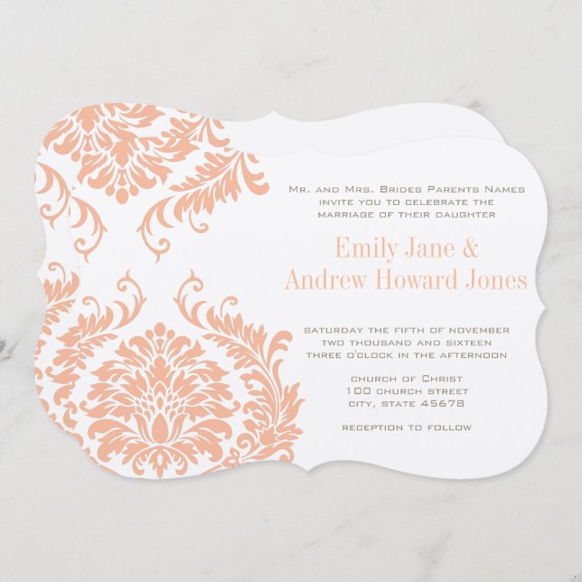 Peach Coral and Mushroom Damask Wedding Invitation (Front/Back)