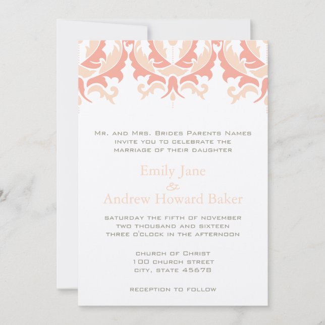 Peach Coral and Mushroom Damask Wedding Invitation (Front)