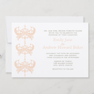 Peach Coral and Mushroom Damask Wedding Invitation