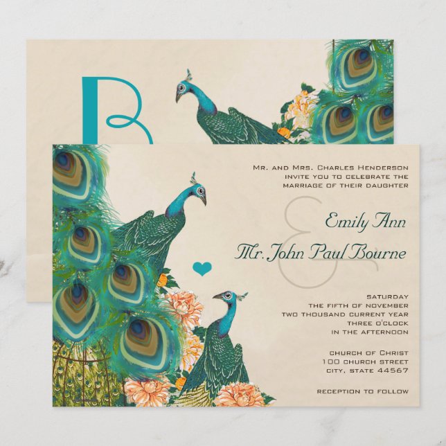 Peach Coral Apricot Peony Birdcage Peacock Wedding Invitation (Front/Back)