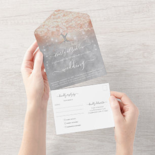 Peach Coral Apricot Pink Heart Leaf Tree Wedding All In One Invitation