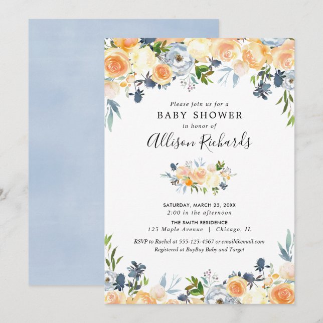 Peach coral blue floral girl baby shower invitation (Front/Back)