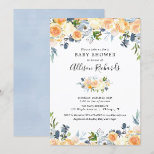 Peach coral blue floral girl baby shower invitation