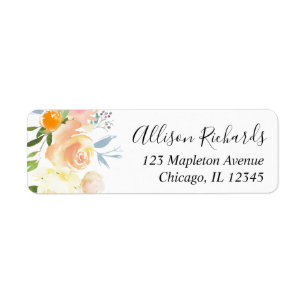 Peach coral blue floral watercolor return address