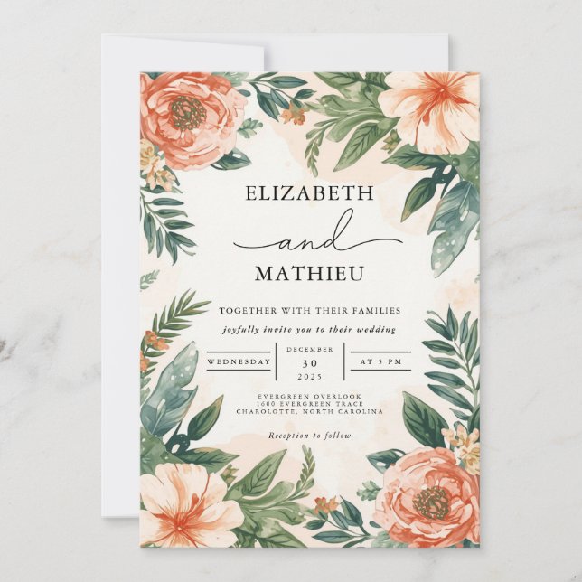 Peach Coral Botanical Flourish Wedding Invitation (Front)