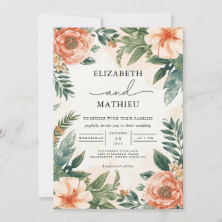 Peach Coral Botanical Flourish Wedding Invitation