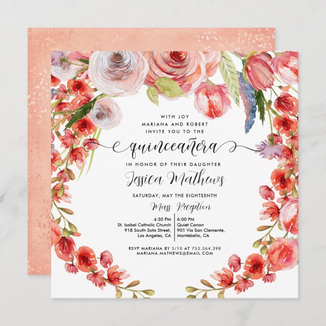 Peach Coral Floral and Glitter Quinceañera Invitation (Front/Back)