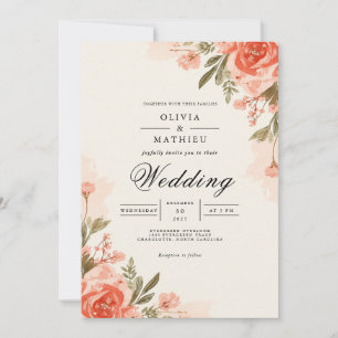 Peach Coral Floral Botanical Wedding Invitation