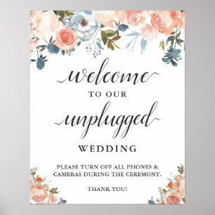 Peach Coral Floral Unplugged Wedding Sign