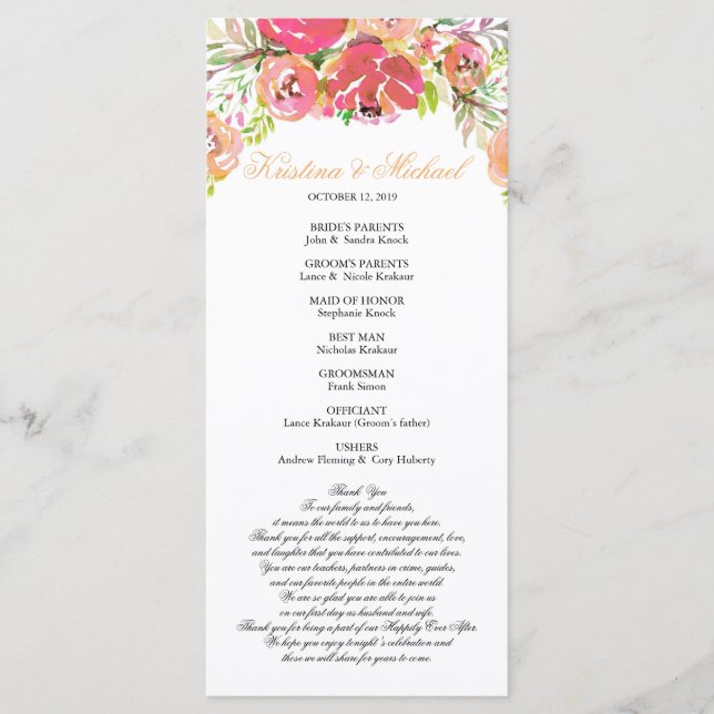 Peach & Coral Floral Wedding Program Programme (Front)