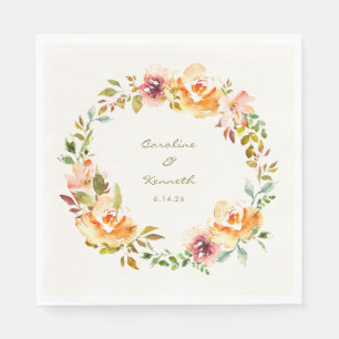 Peach Coral Floral Wreath Personalised Wedding Napkin