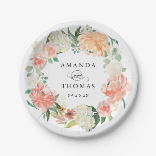 Peach Coral Floral Wreath Wedding Paper Plates