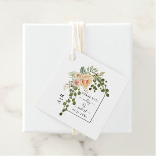 Peach coral flowers arch and monogram wedding favour tags
