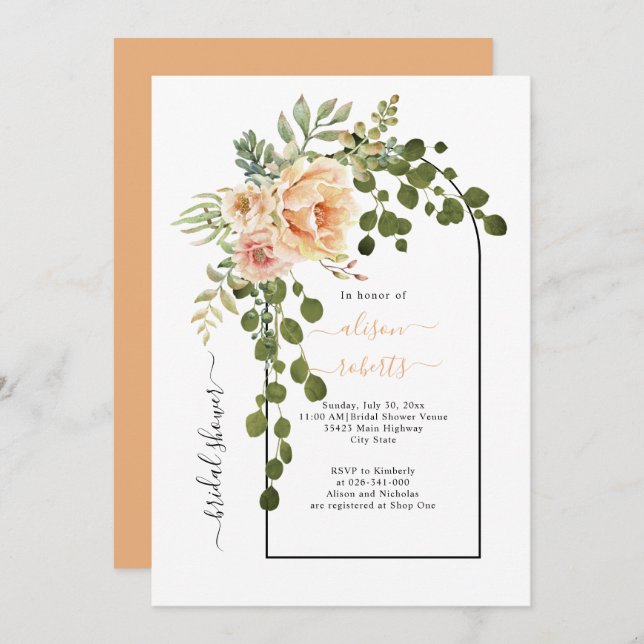 Peach coral flowers arch wedding bridal shower invitation (Front/Back)