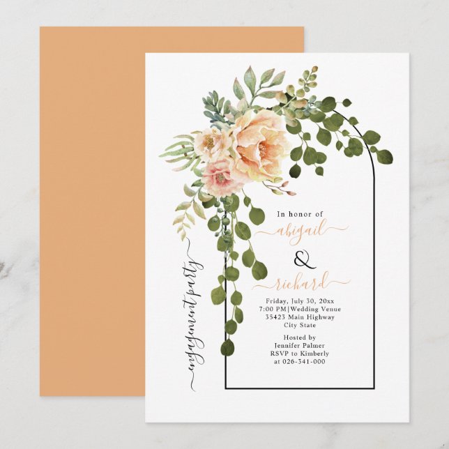 Peach coral flowers arch wedding engagement party invitation (Front/Back)