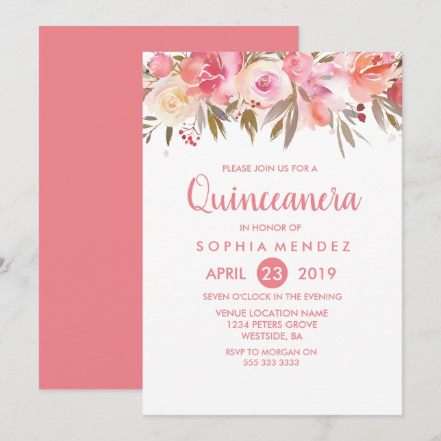 Peach Coral Flowers Quinceanera Birthday Party Invitation (Front/Back)