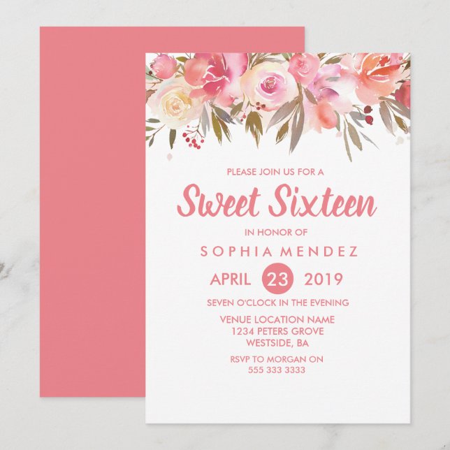 Peach Coral Flowers Sweet 16 Birthday Party Invitation (Front/Back)