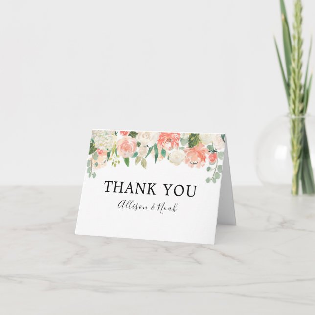 Peach coral greenery summer spring floral thank you card (Front)