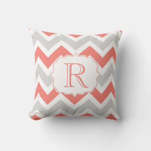 Peach Coral Grey White Chevron Pattern Monogram Cushion