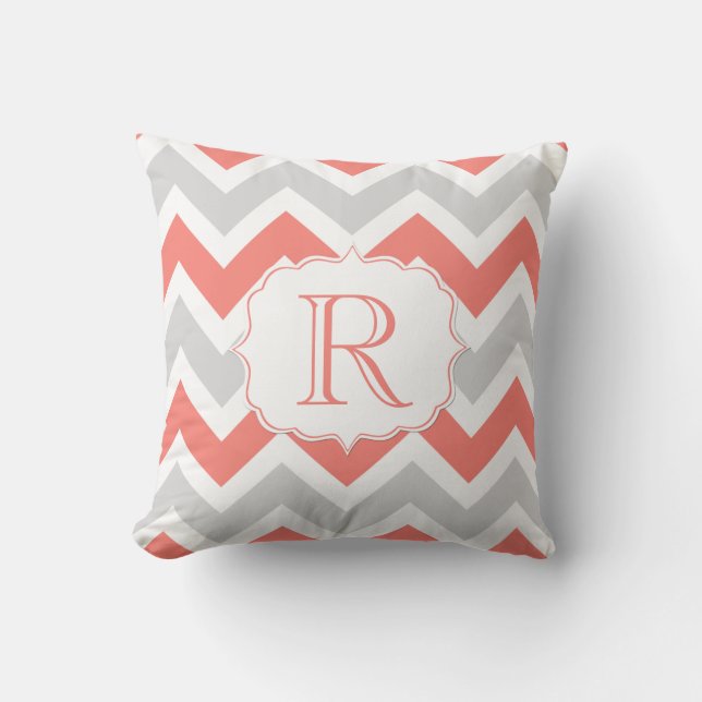 Peach Coral Grey White Chevron Pattern Monogram Cushion (Front)