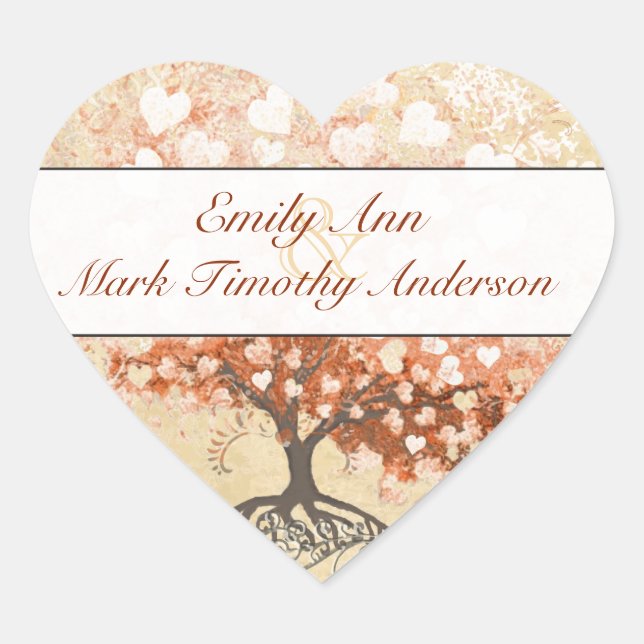 Peach Coral Heart Leaf Wedding Sticker (Front)