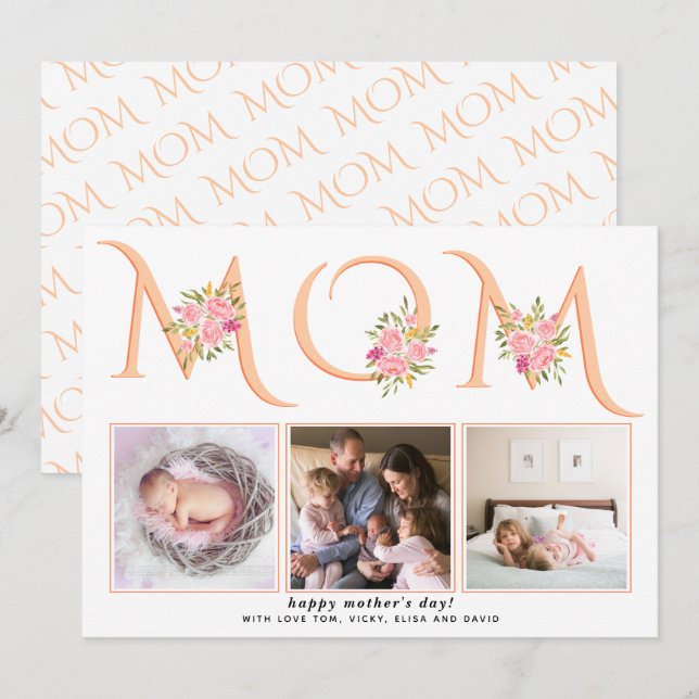 Peach, coral MOM typography photo Mothers Day Holiday Card (Front/Back)