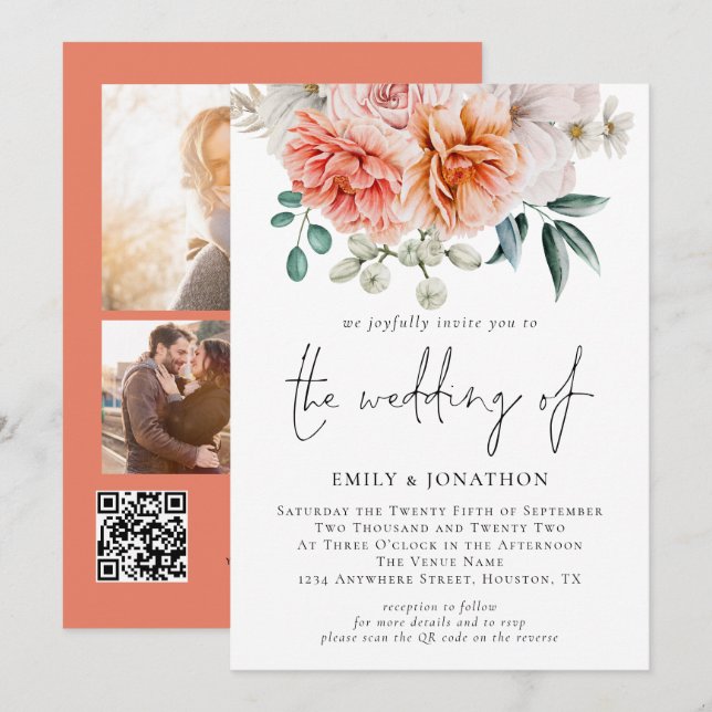 Peach Coral Peonies Floral 3 Photo QR Code Wedding Invitation (Front/Back)