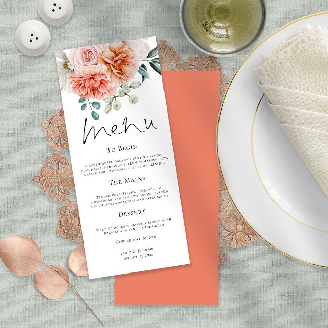 Peach Coral Peonies Florals Wedding Menu (Front and back view)