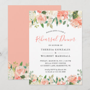 Peach Coral Peony Rehearsal Dinner Invitation